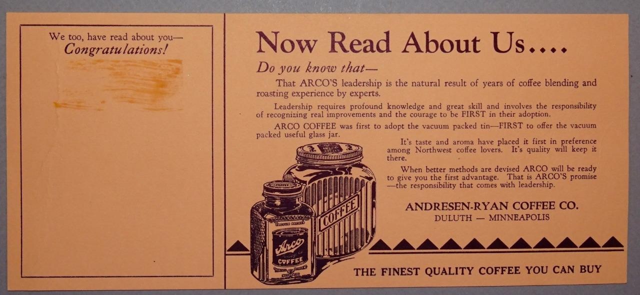 Early Arco Coffee Advertising Blotter Andresen-Ryan Coffee Co Duluth MN Bk4m