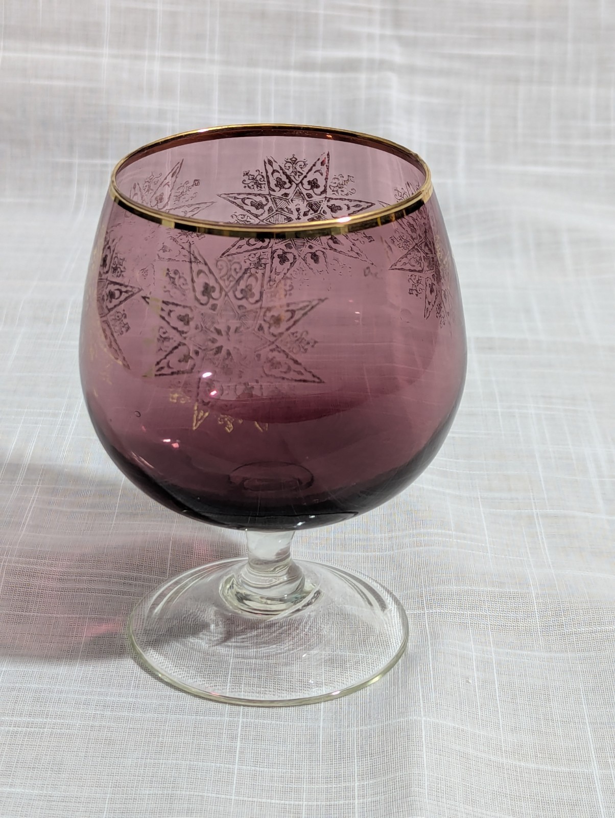 Amethyst Italian Art Glass Brandy Snifter W/ 6 Gold Stars & Gold Rim. Lovely VTG
