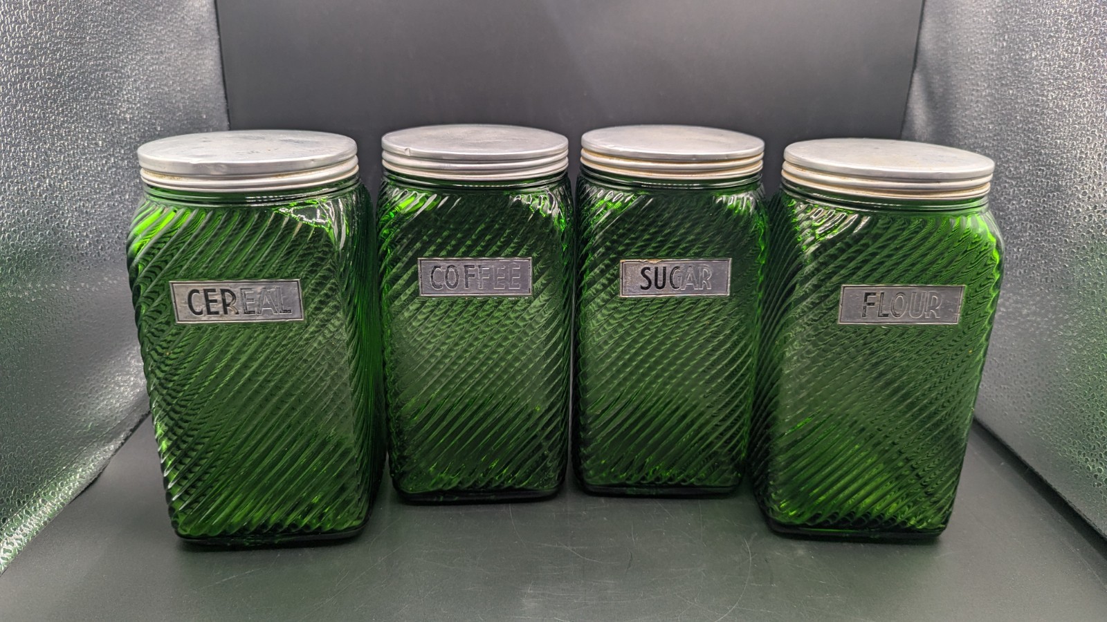Owen-Illinois VGT Green Glass Canister Hoosier 1930-1950 4pc Set w/Lids