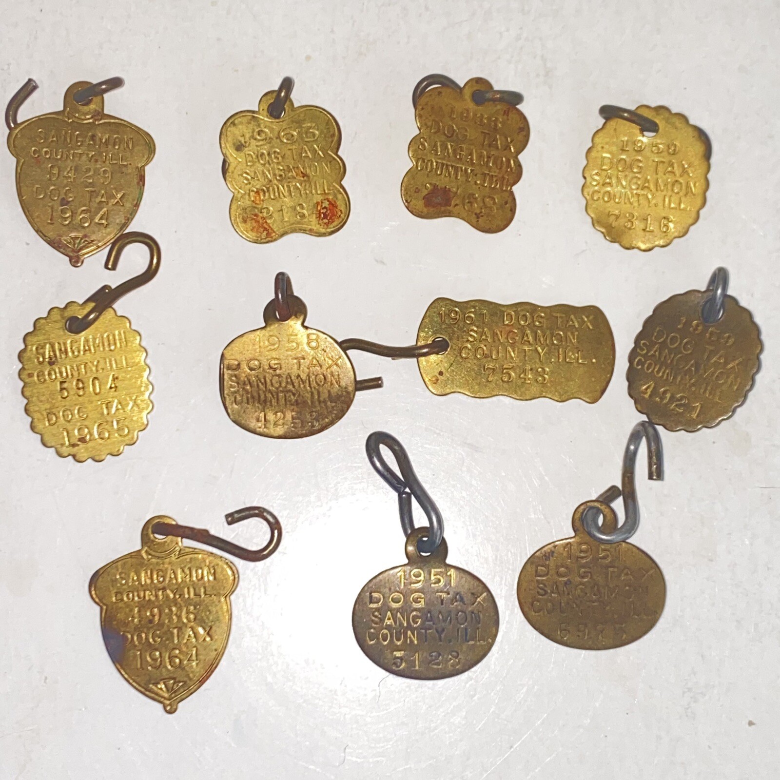 Vintage 1949-1965 Sangamon County Illinois Brass Dog Tax Tags Large Lot