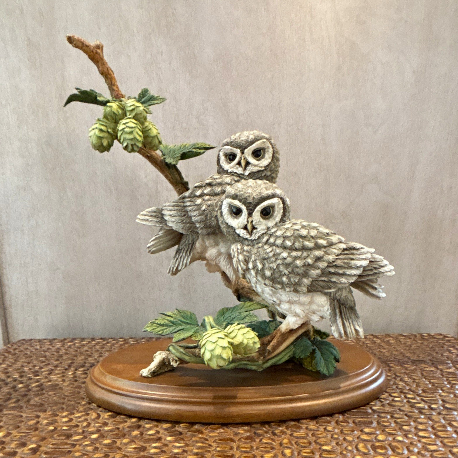 Country Artists Little Owl Pair with Wild Hops Figurine 8 in