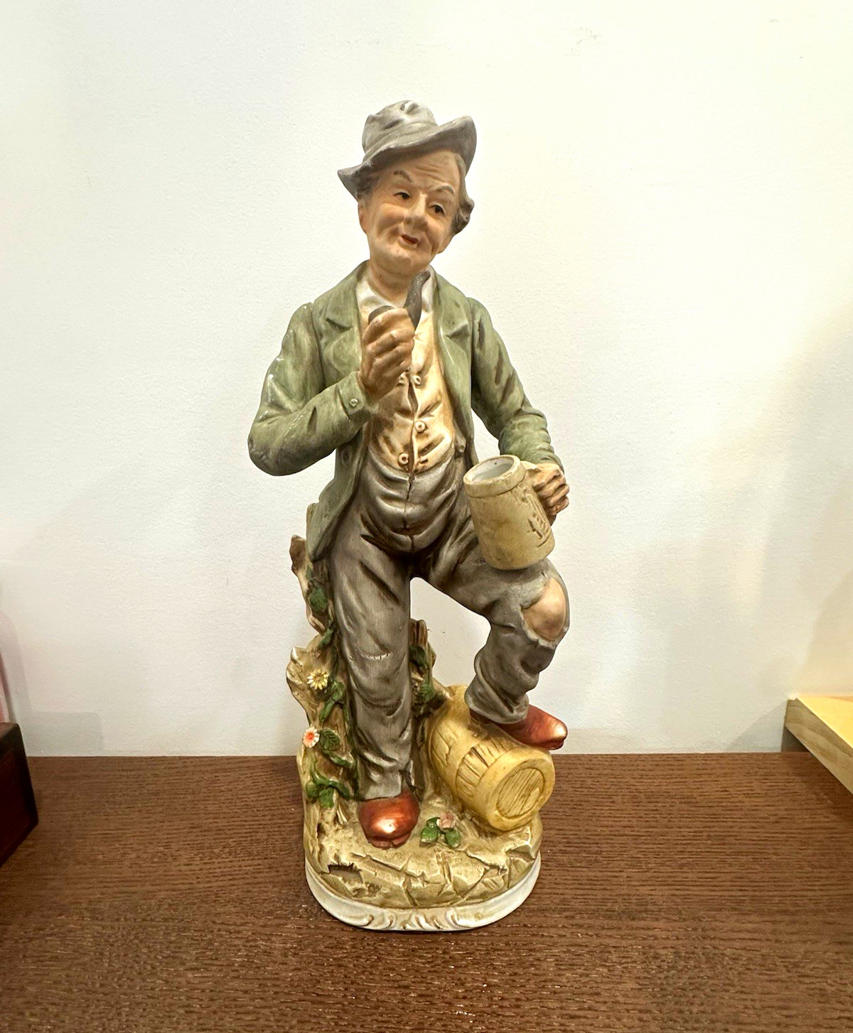 Vintage Ceramic Hand Painted Matte Figurine Seated Man with Mug