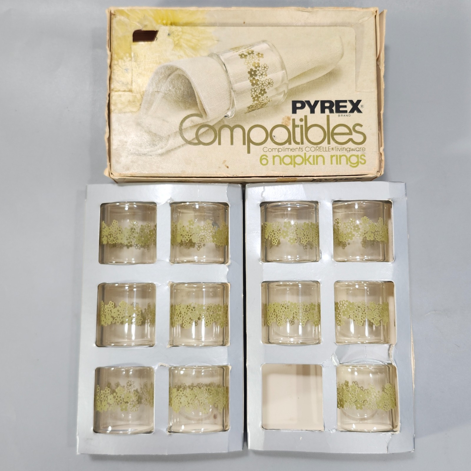Pyrex Compatibles Glass Napkin Rings Spring Blossom Green 54-1 Corning 11pc Set
