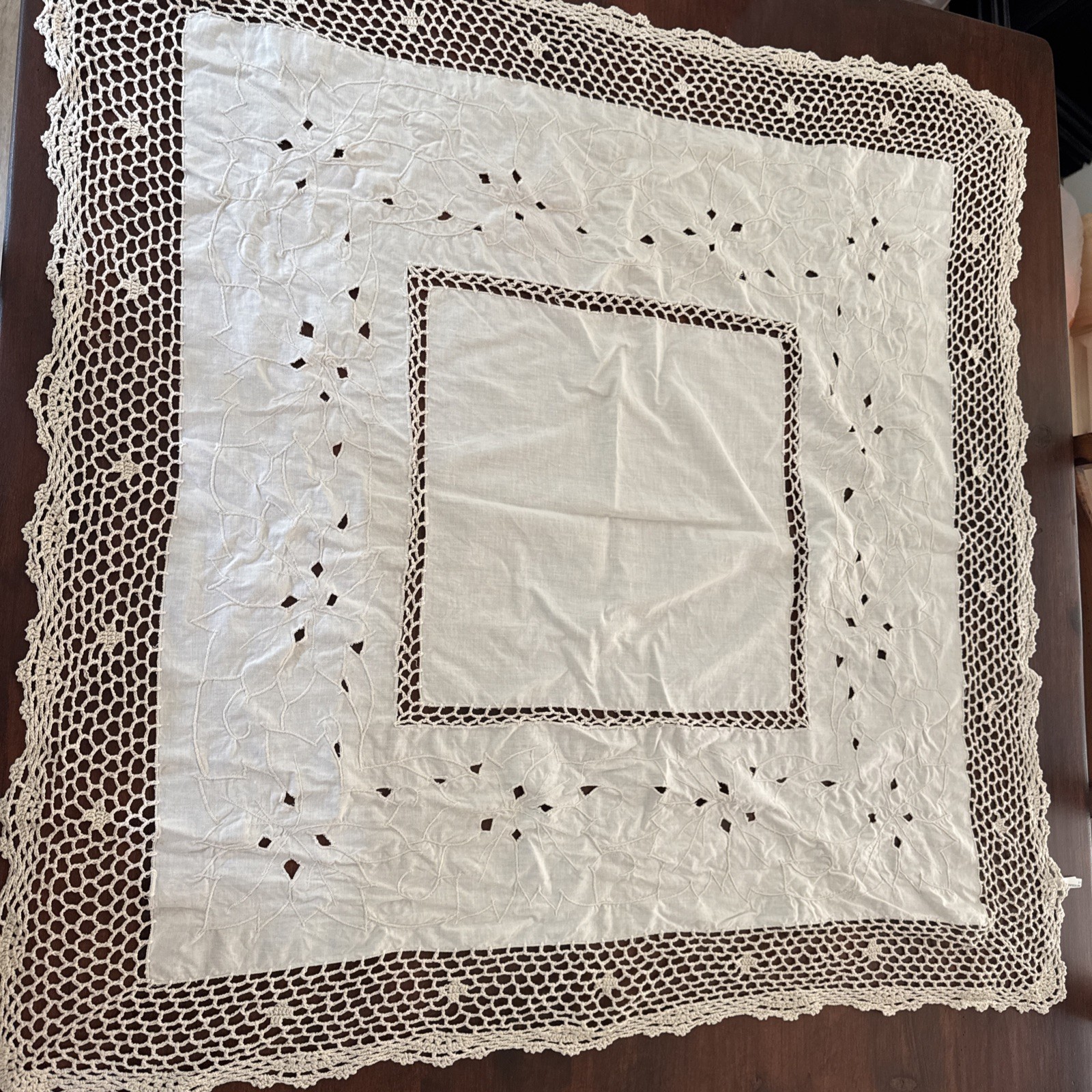 Vintage Keeco Battenburg Lace & Embroidered Square Tablecloth Overlay, Ivory 37”