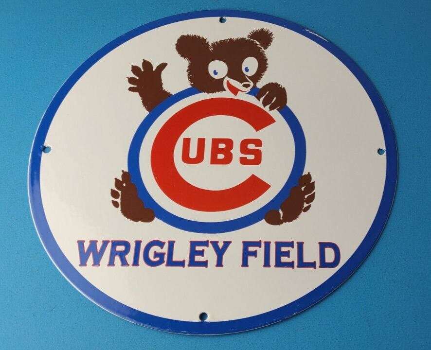 Vintage Cubs Wrigley Field Sign - MLB Baseball Stadium Porcelain Gas Pump Sign