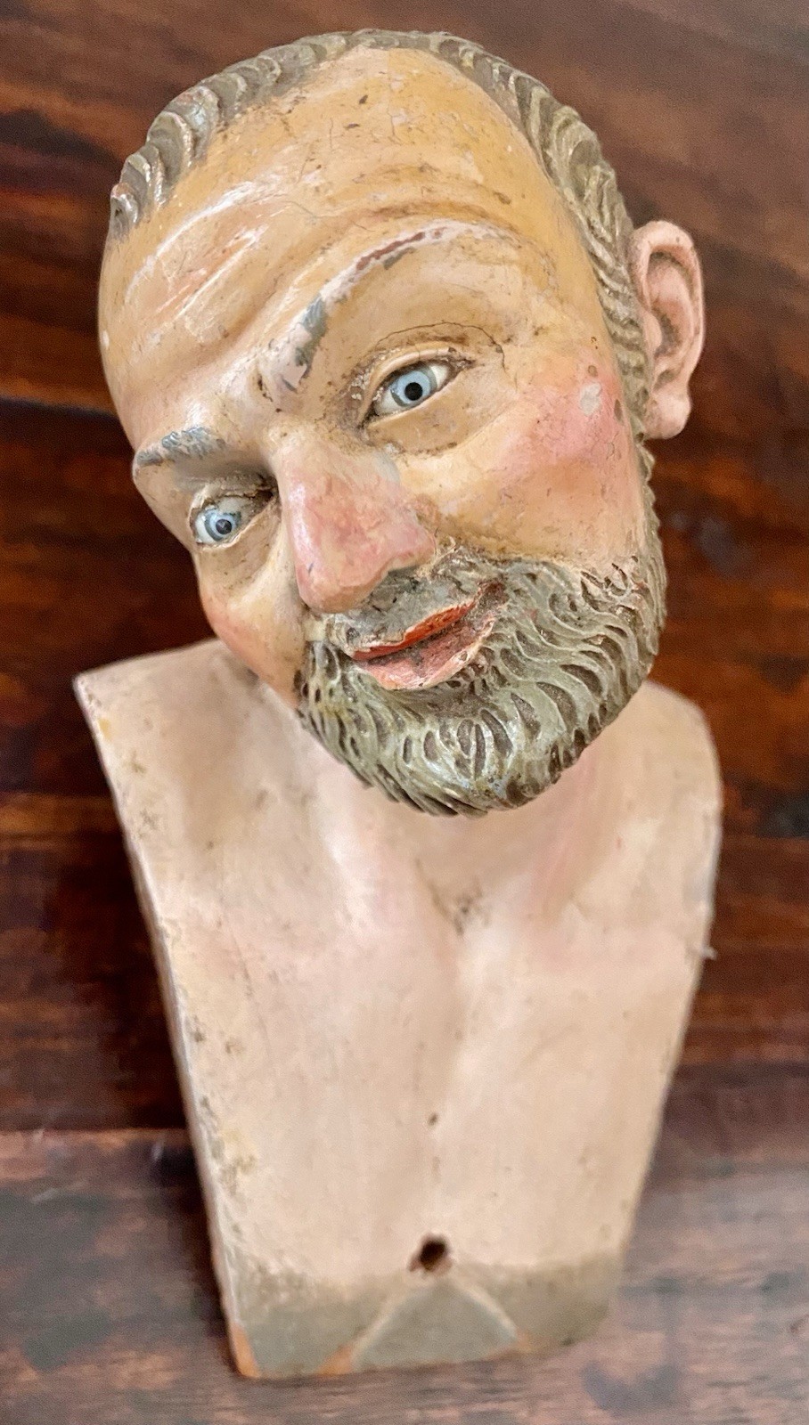 18th C. Neapolitan Terracotta Creche Head Santos Bust Saint Joseph, Glass Eyes