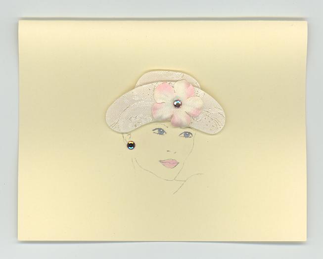 FASHION WOMAN HAND CRAFTED ARTISAN CARD PRINT WOMAN WHITE HAT FLOWER RHINESTONE