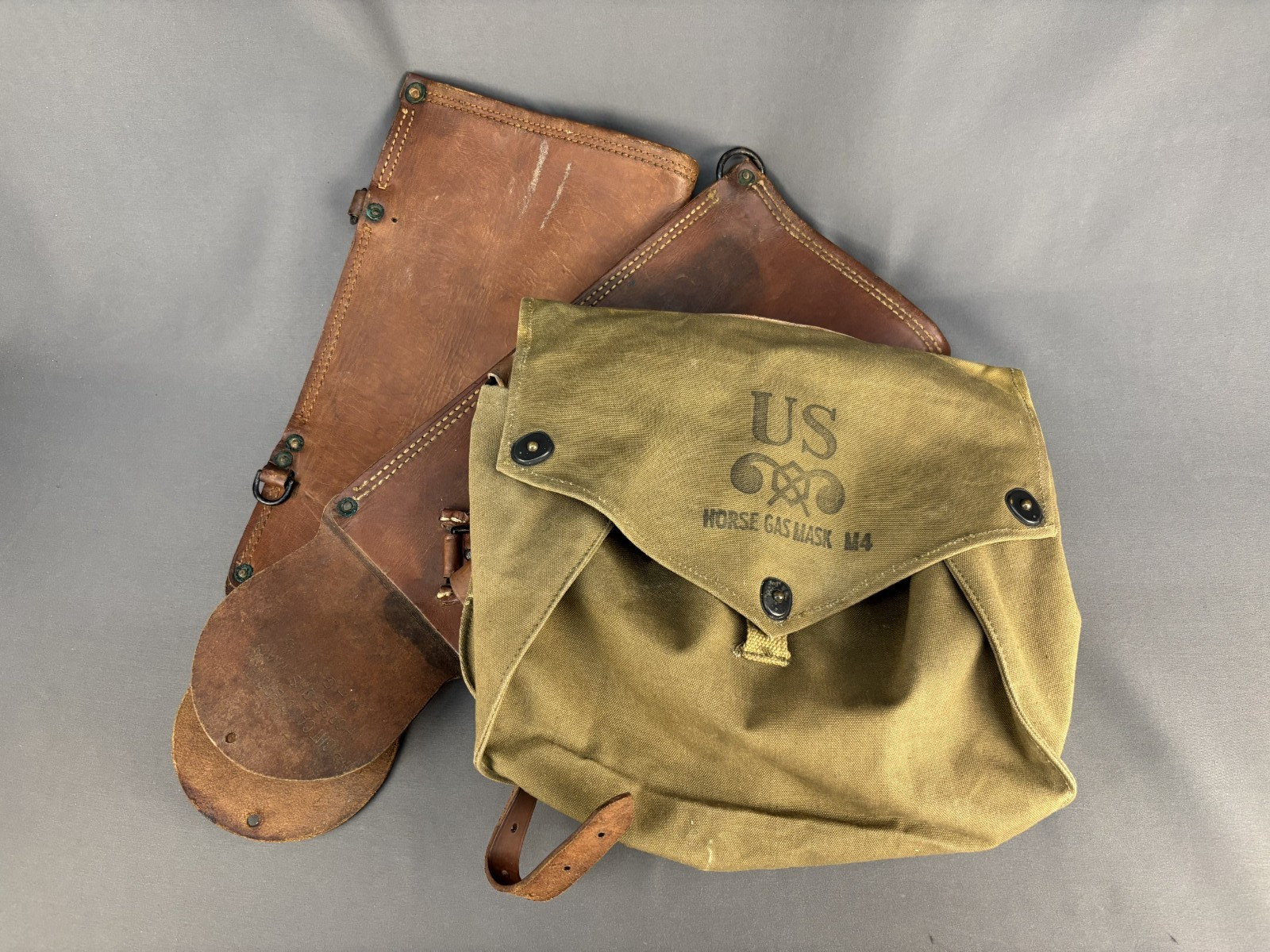 WW2 US M4 Horse Gas Mask Canvas Pouch, Cannister Carriers, &  Hoses (Incomplete)