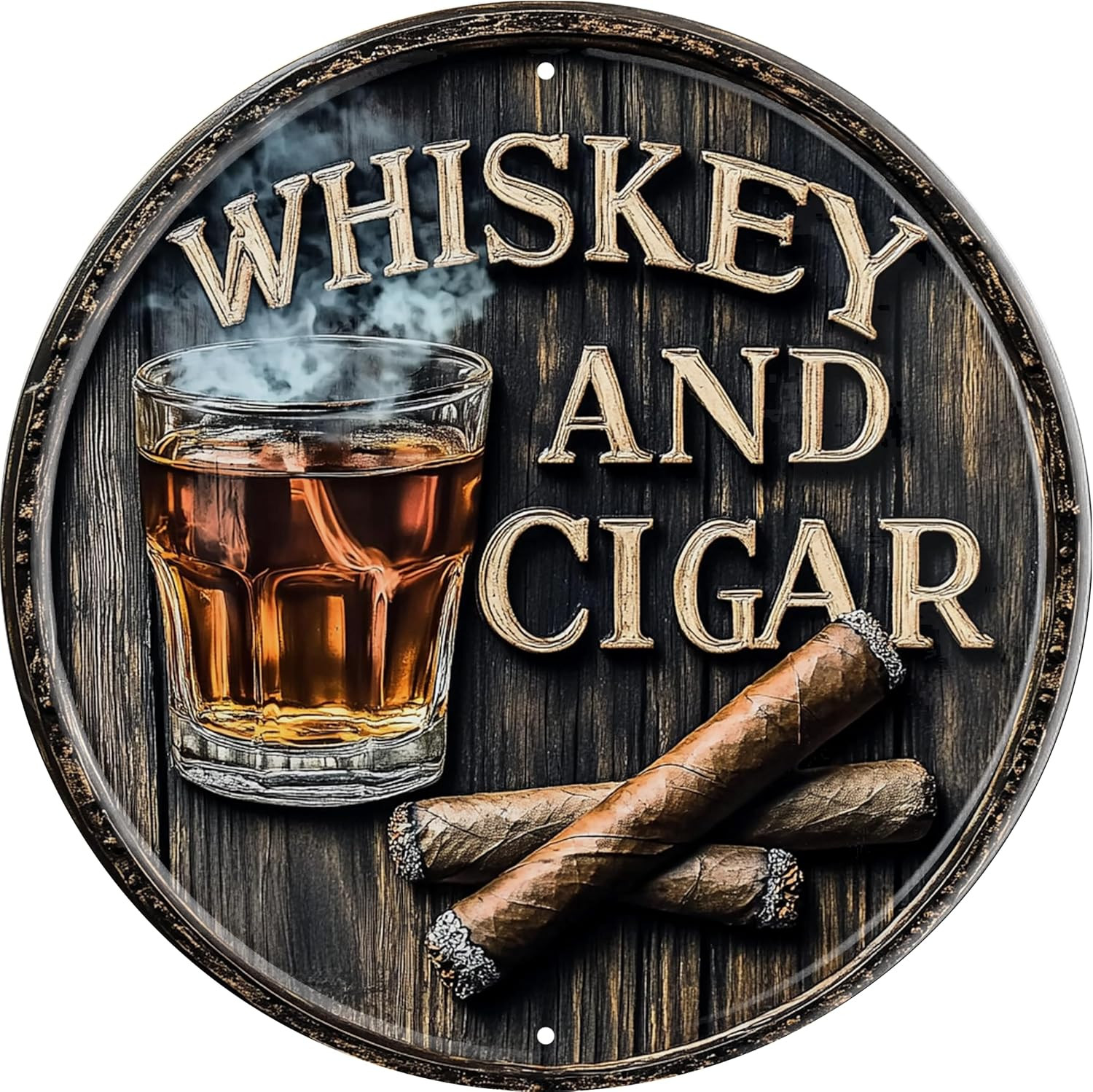 Vintage round Tin Whiskey and Cigar Sign Retro Metal Sign Suitable for Home Stre