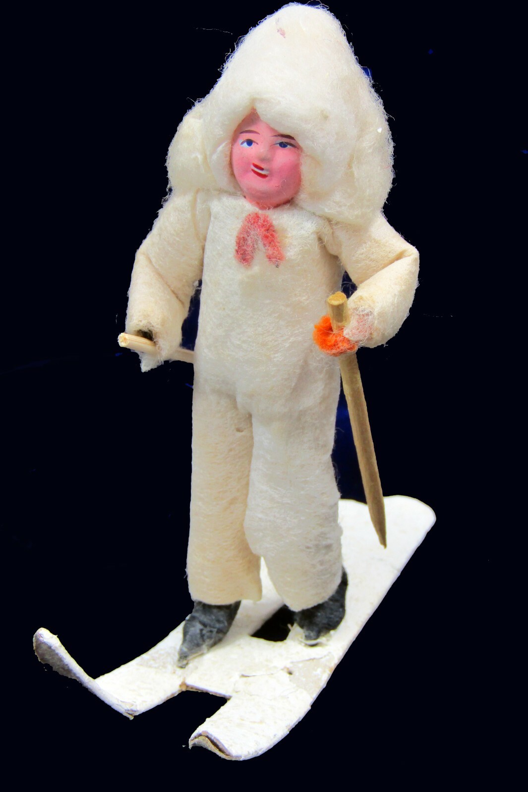 Antique Vintage Spun Cotton Snow Baby SKIER Girl Putz Christmas Ornament Japan