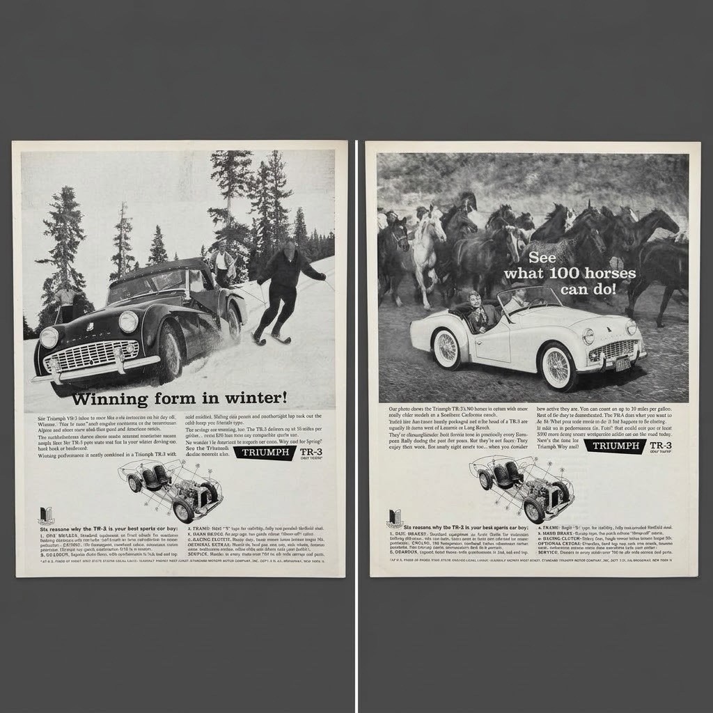 2 Vintage Triumph TR-3 Print Ads 1950s Sports Car Winter Horses 10x14
