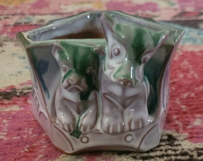 Vintage Japan pottery planter blue green glaze flower pot Scotty Dogs Terrier