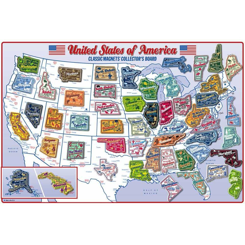 Premium State Map Magnet Collector's Board - 51 Magnets & Metal Display Board