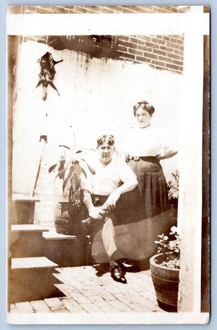 1910's RPPC CARRIE & JAMES in their BACK YARD ANTIQUE REAL PHOTO POSTCARD