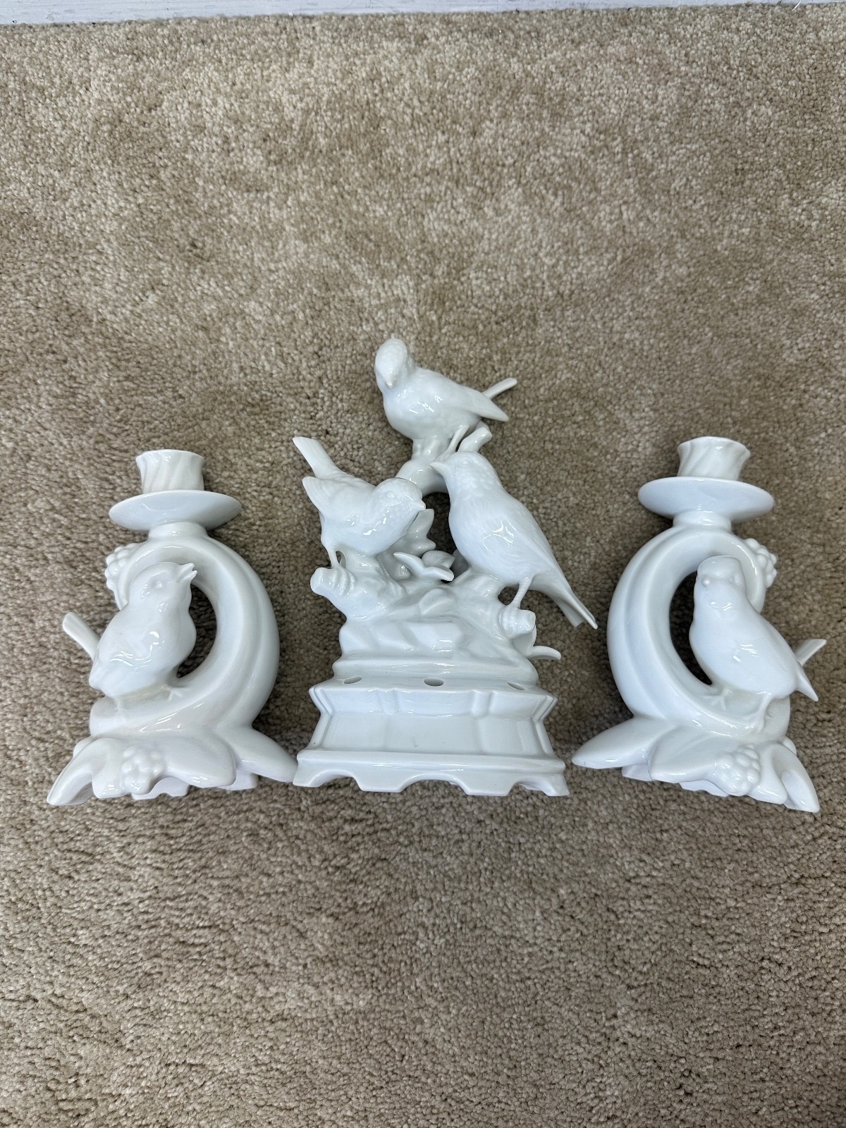 VTG Dresden Porcelain Wolfsohn & Sons Pair Of Bird Candle Holders + Flower Frog