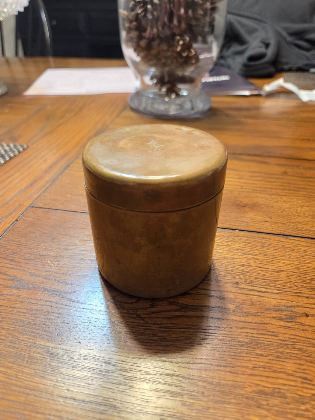 Antique Round Brass Tobacco Box Engraved Polo Figure Ralph Lauren
