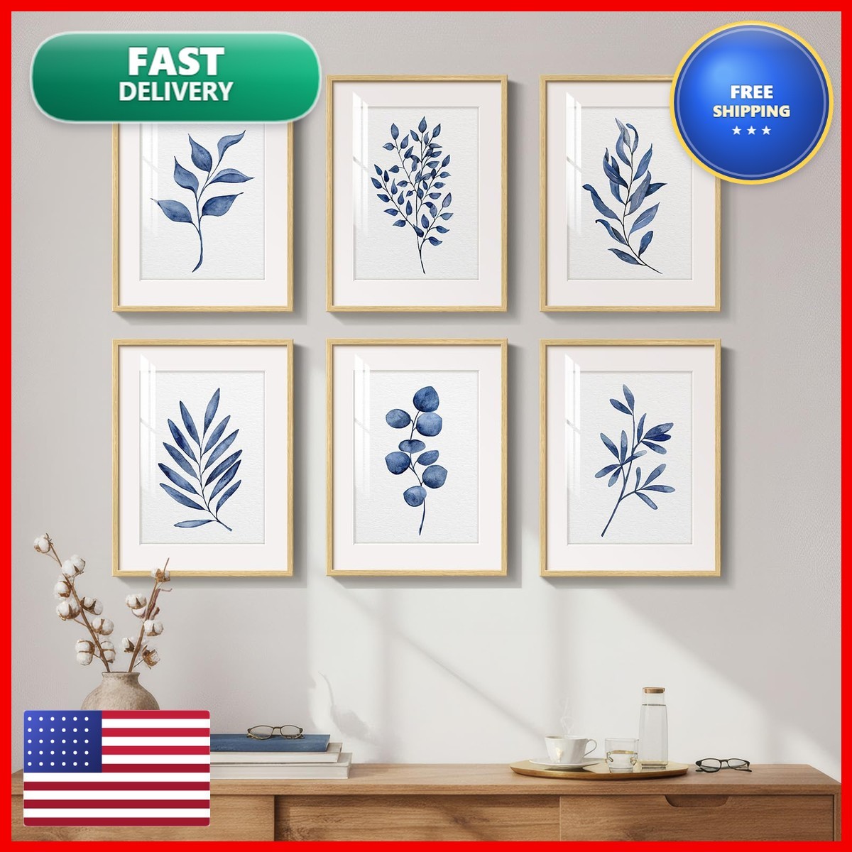 Cuspin Framed Minimalist Blue Botanical Wall Art Living Room, 6 Piece 11x14 In