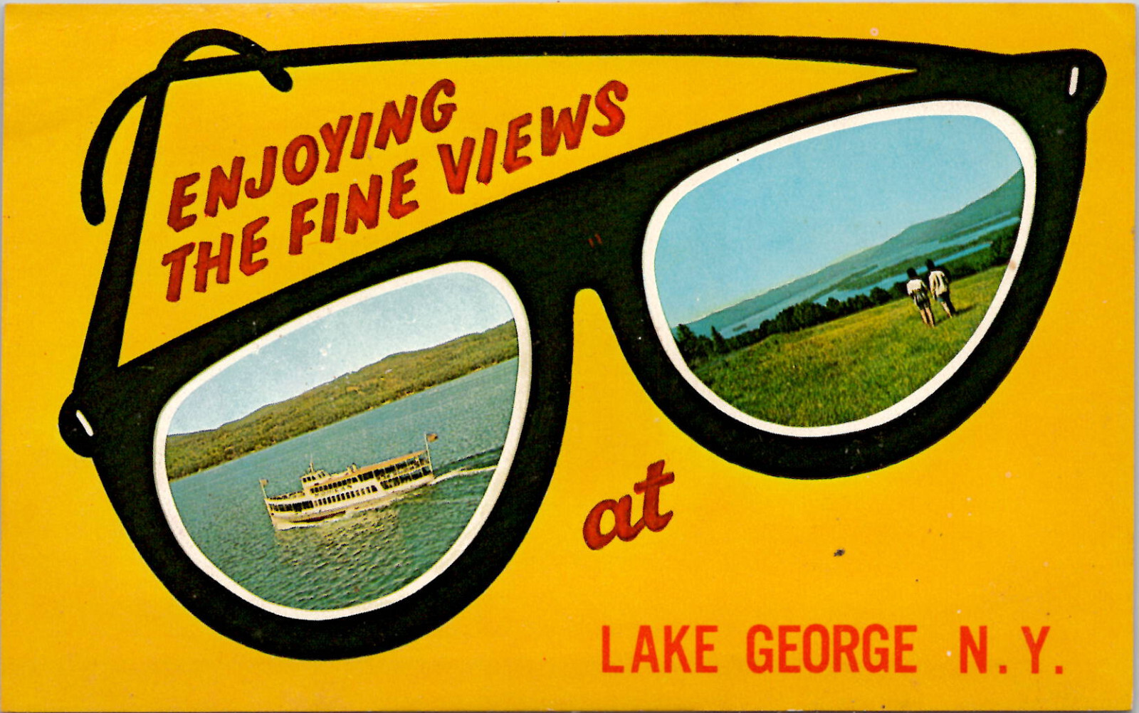 c1960s Enjoying the Fine Views Sunglasses Lake George New York Postcard c1960s Enjoying the Fine Views Sunglasses Lake George New York Postcard