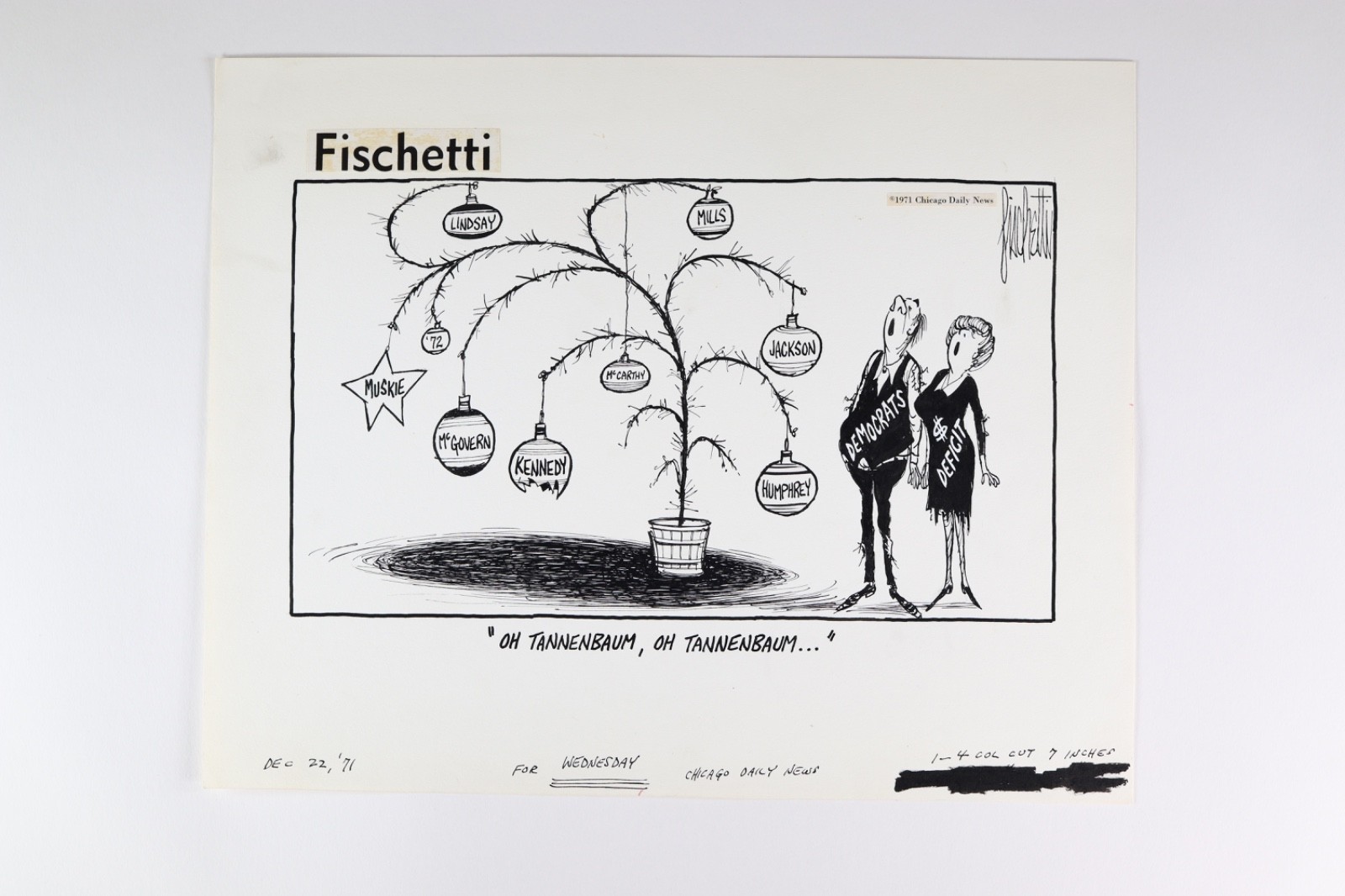 1971 John Fischetti Original Political Cartoon 1972 Democrats Christmas Tree