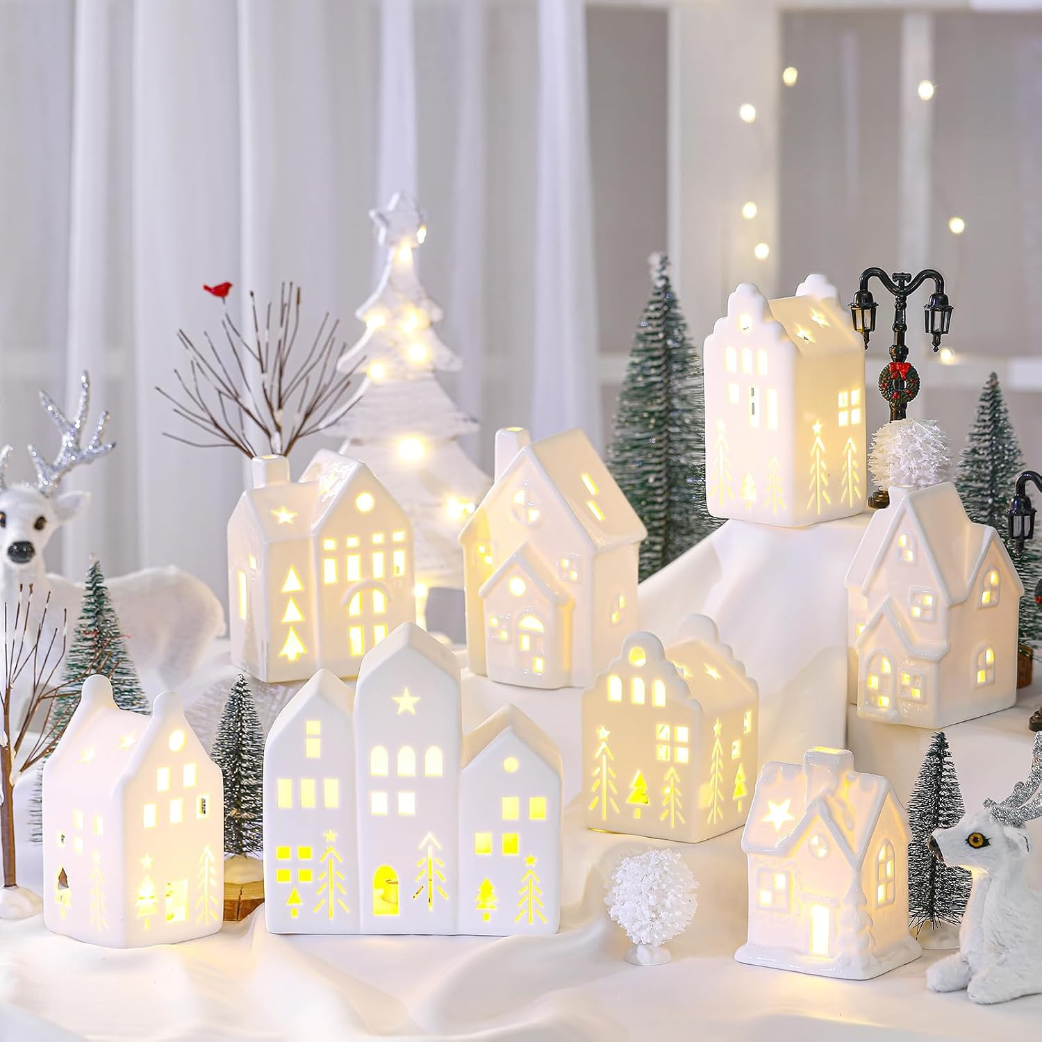 26 Pc White Ceramic Christmas Village Set Elegant Holiday Tabletop Home Decor