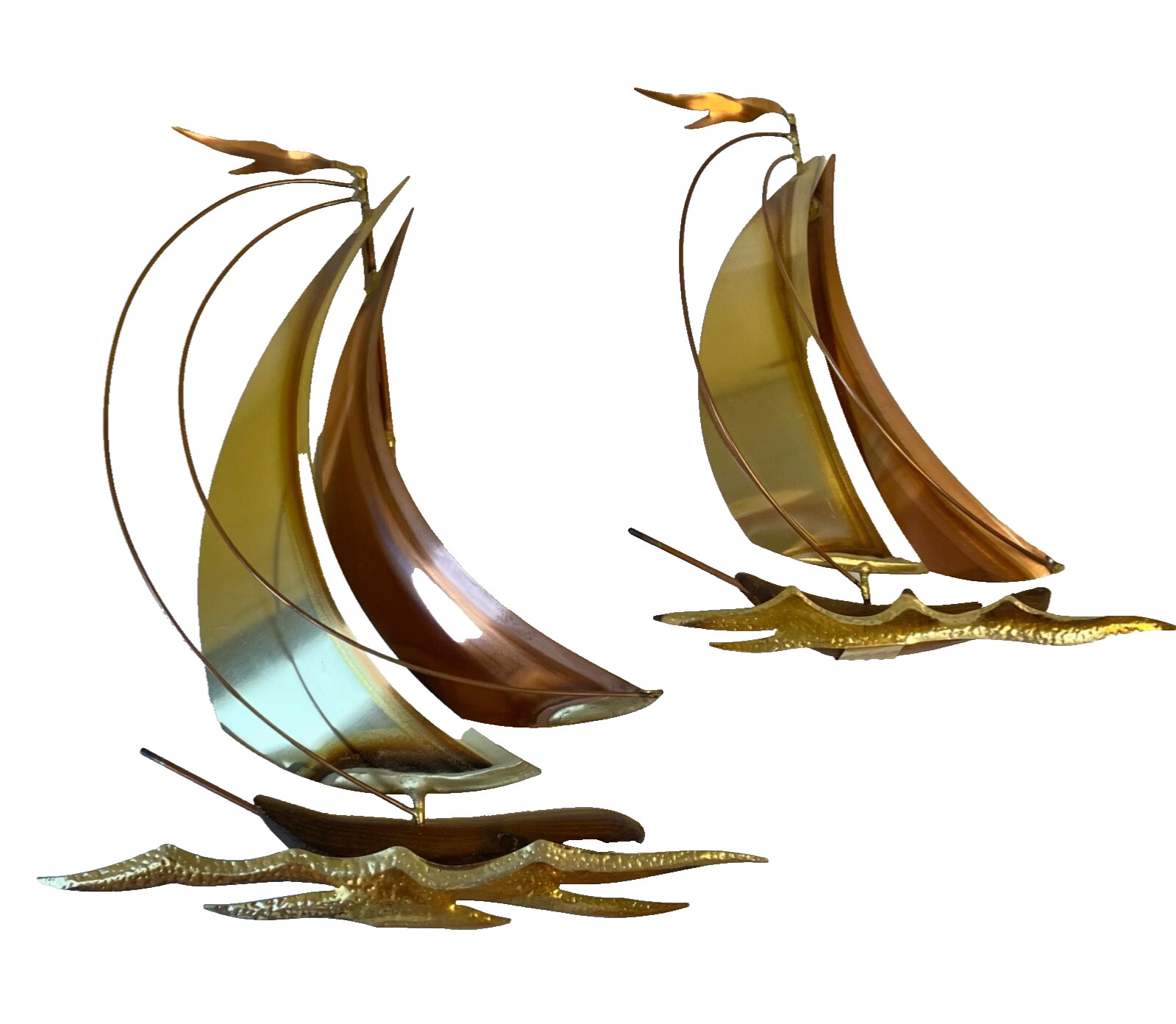 Vtg 1970’s Sailboats Two Tone Brass Copper SET OF 2 Wall Decor MCM Sculpture Art