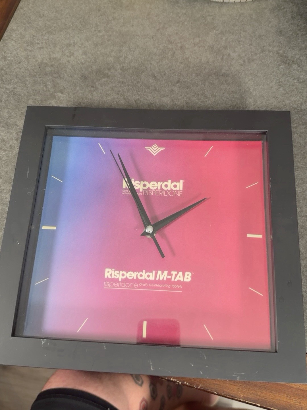 Vintage Risperdal M-TAB Wall Clock Janssen Pharmaceutical Drug Rep Advertising