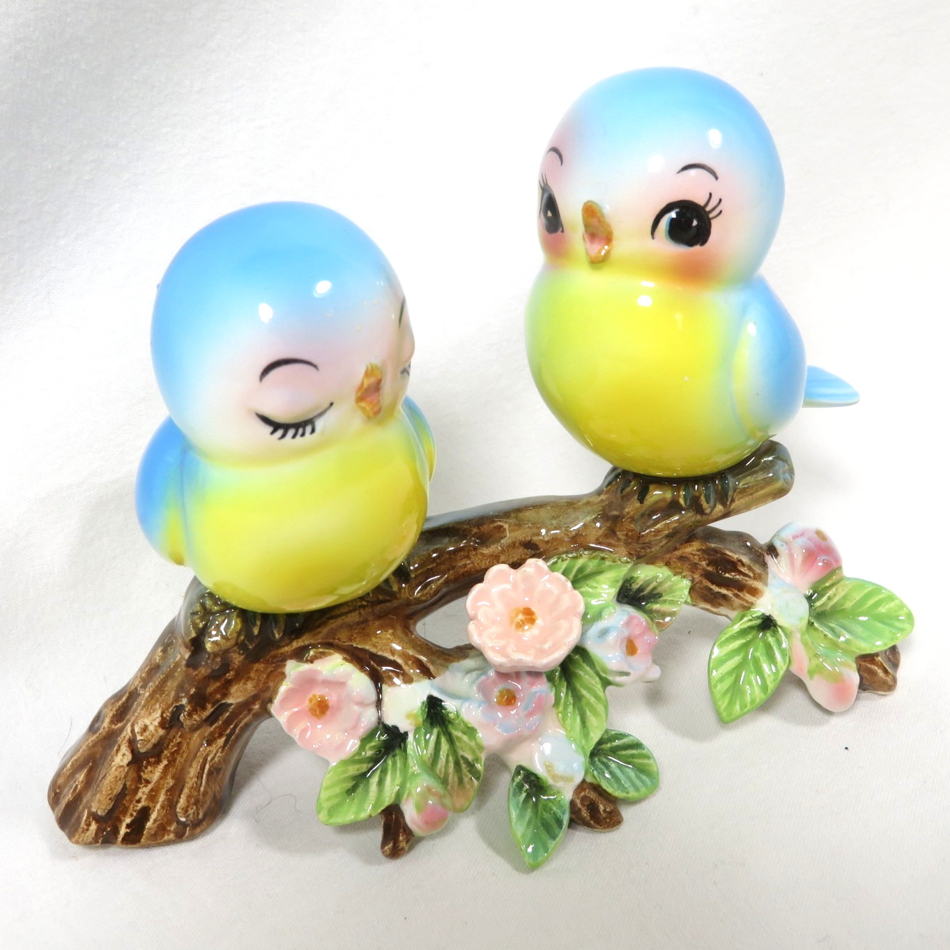 Vintage 2 Blue Birds on a Branch Ceramic Bluebird Figurine Mid Century sm chips