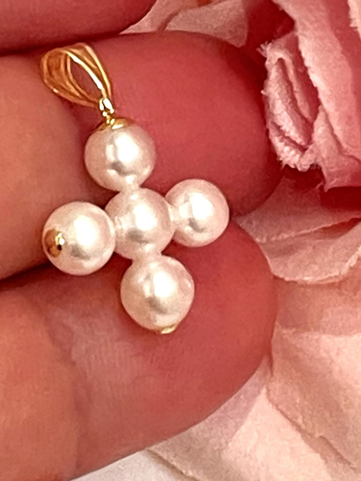 Solid 18k GOLD AAAA Akoya White Pearl Necklace Pendant Cross  Natural Sea  Pearl