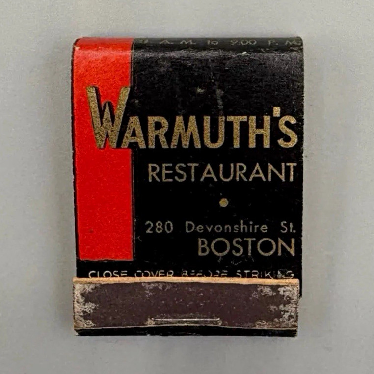 Warmuth’s Restaurant, Boston, Vintage Unstruck Feature Matchbook (1940\'s)