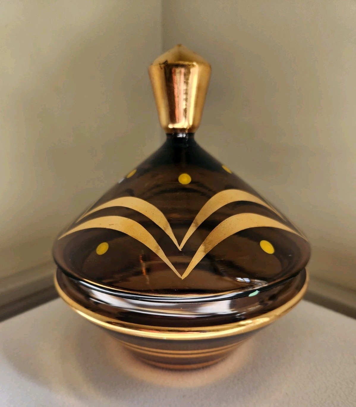 MCM Vtg Covered Compote Gold Gilt Smoke Glass Candy Dish Bowl 7.5\