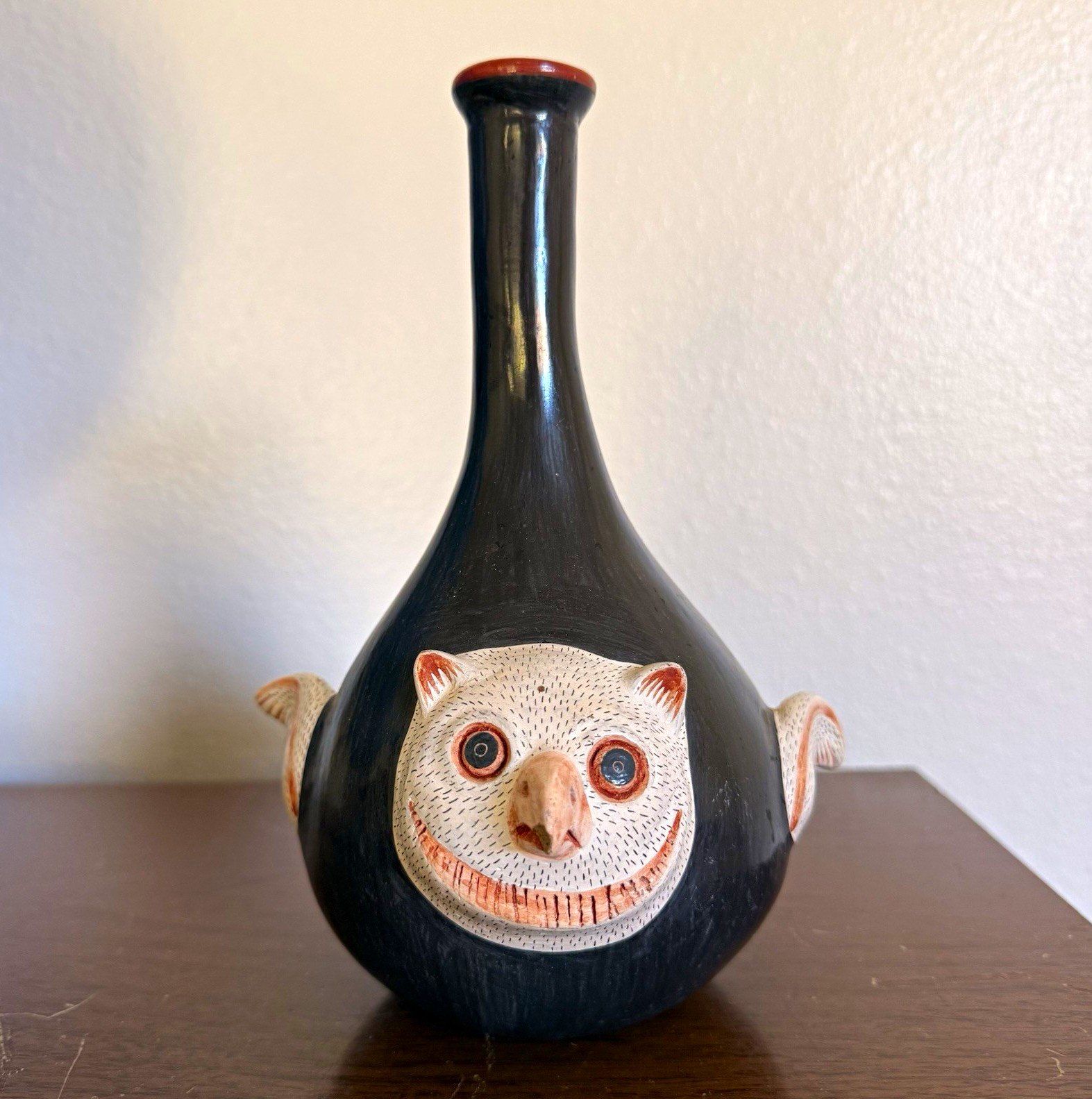 Vintage Mata Ortiz Black Pottery Owl Effigy Bottle Vase Long Neck, Handmade