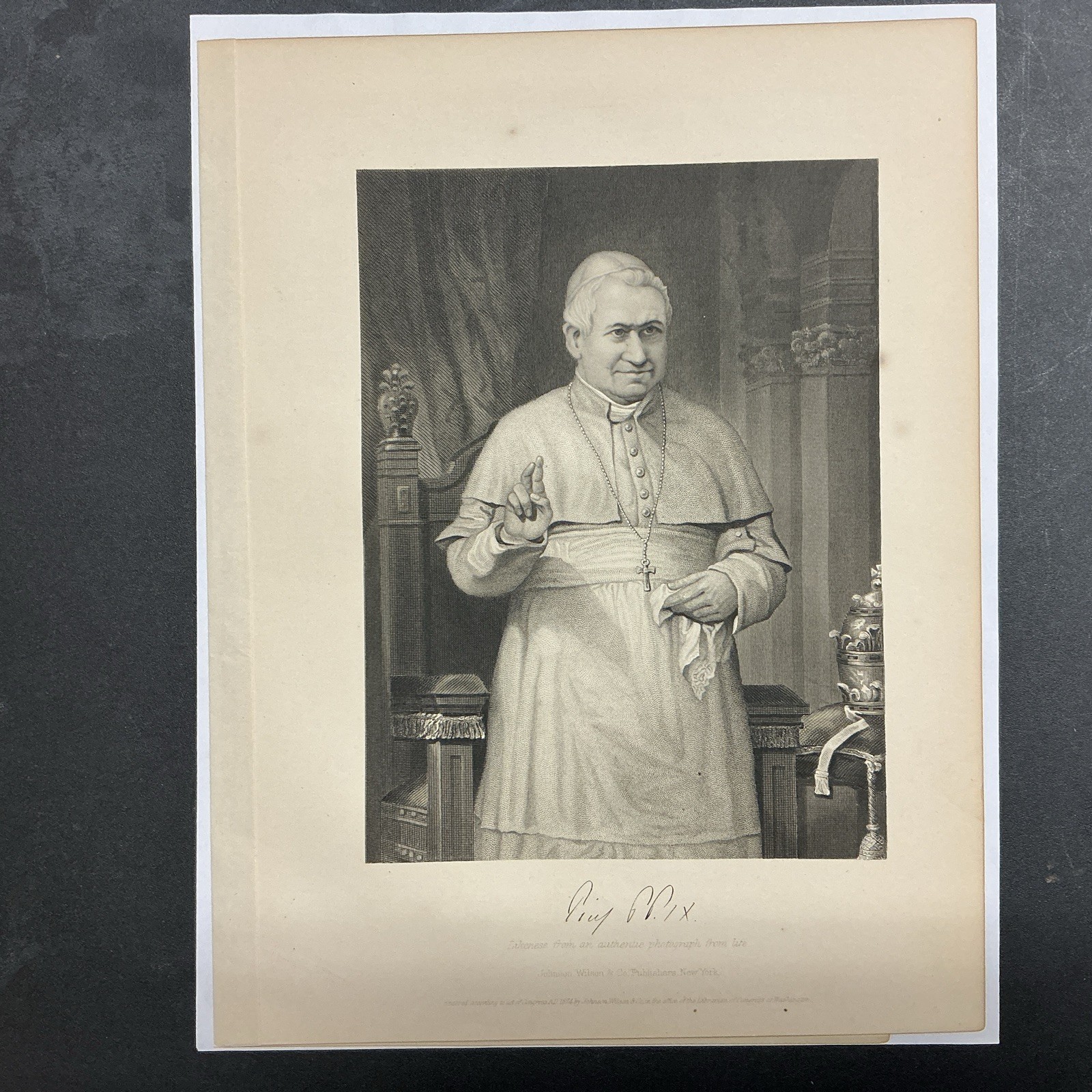 LITHOGRAPH ENGRAVING Pope Pius IX 1874 Johnson Fry & Co