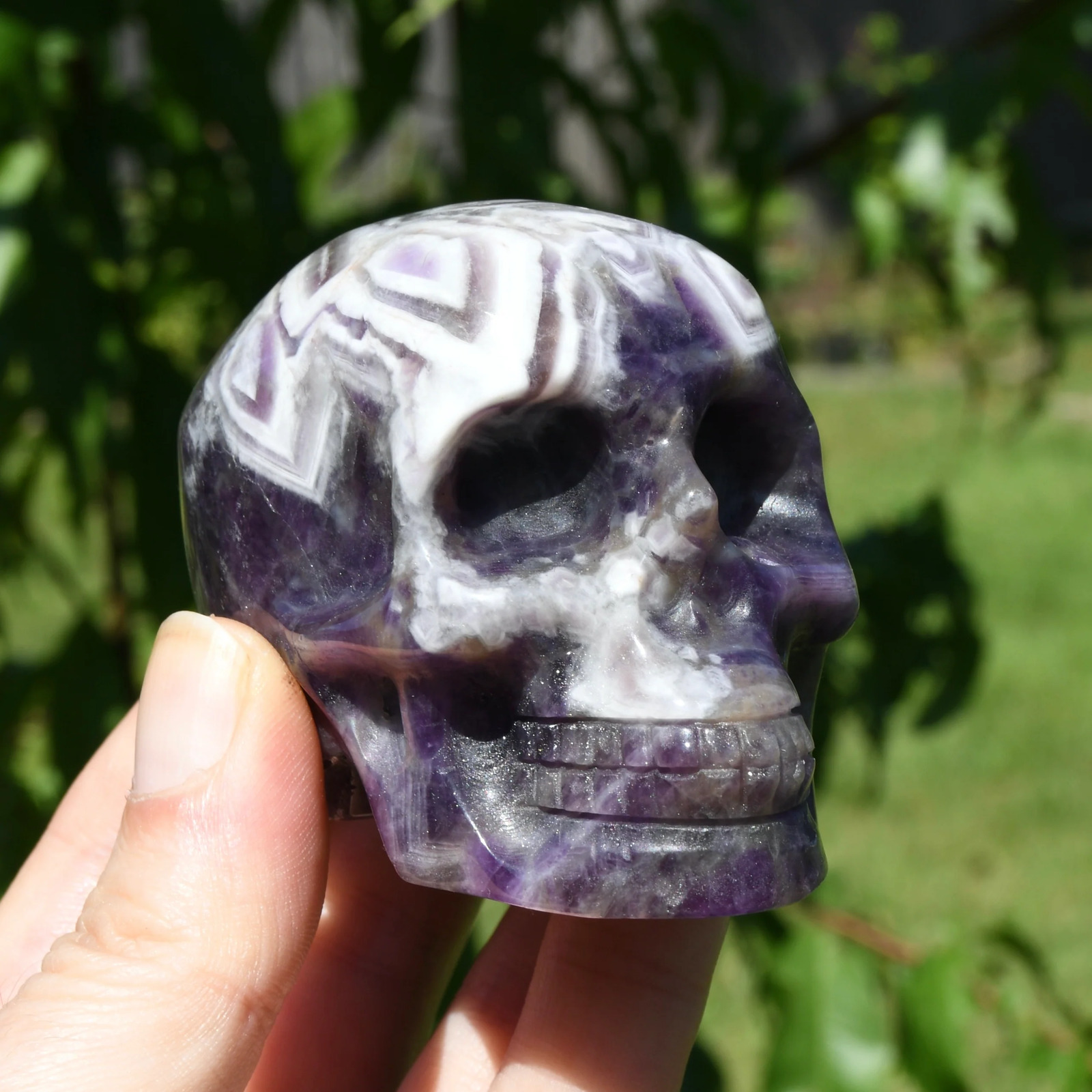 3in Chevron Dream Amethyst Crystal Skull, Realistic Gemstone Carving