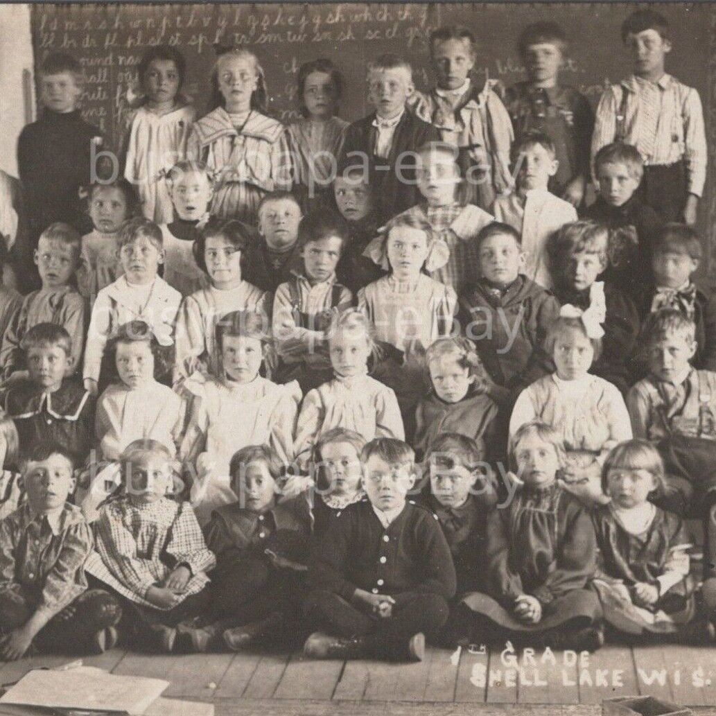Vintage 1900s RPPC 1st Grade School Class Photo Shell Lake Wisconsin Postcard