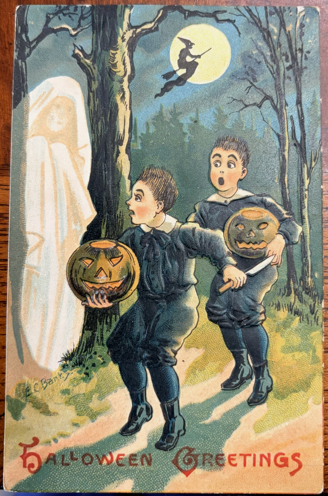 Vintage Scared Little Boys Ghost Witch Moon Jack OL  Antique Halloween Postcard