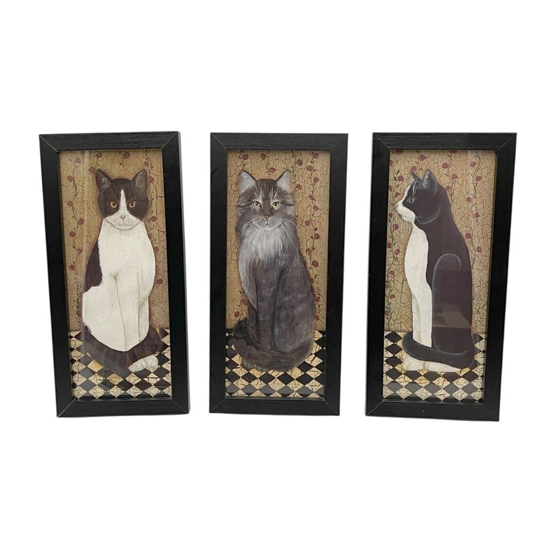 VTG Cindy Sampson Folk Art Cat Framed Art Set Of 3 Cottagecore Decor Whimsigoth