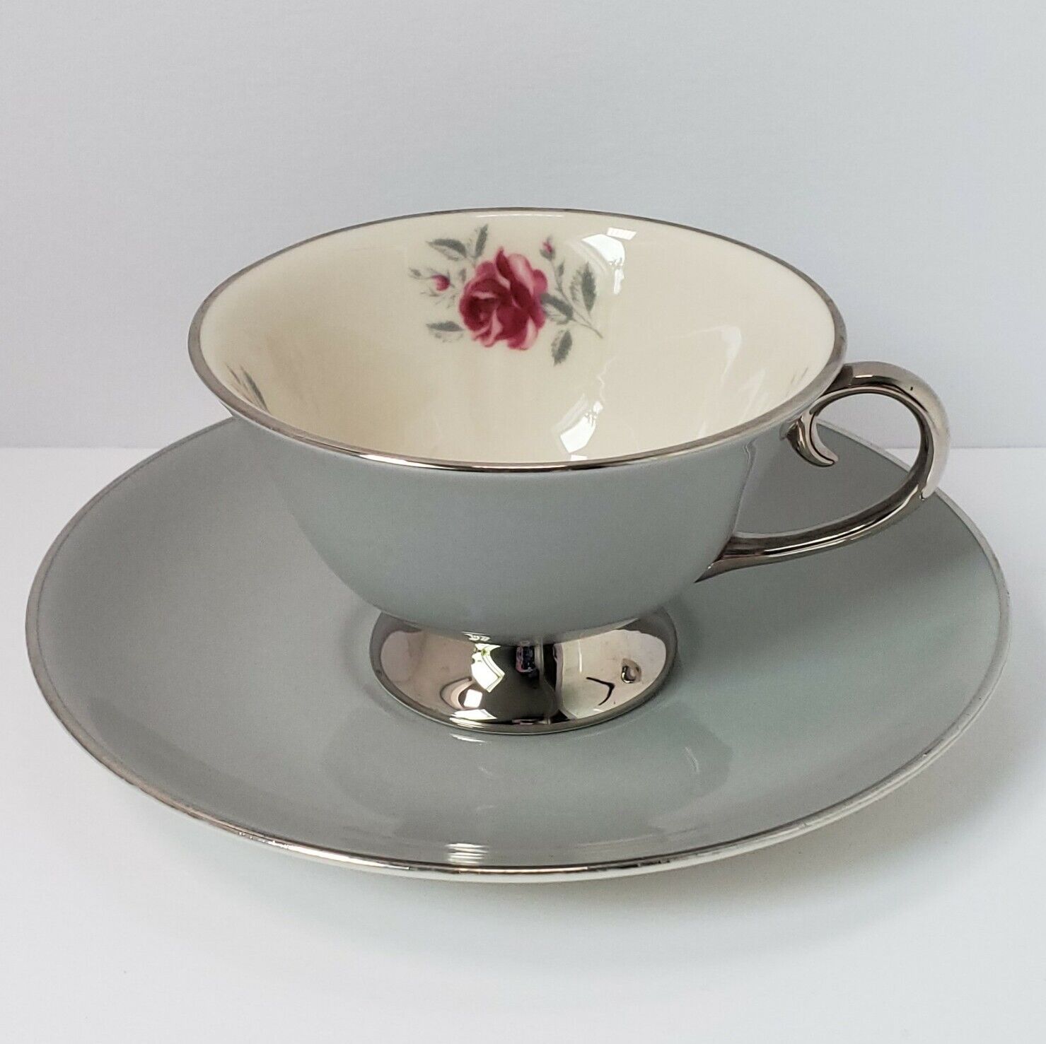 Vintage Flintridge China Miramar Rose Pattern Gray Silver Tea Cup & Saucer Set