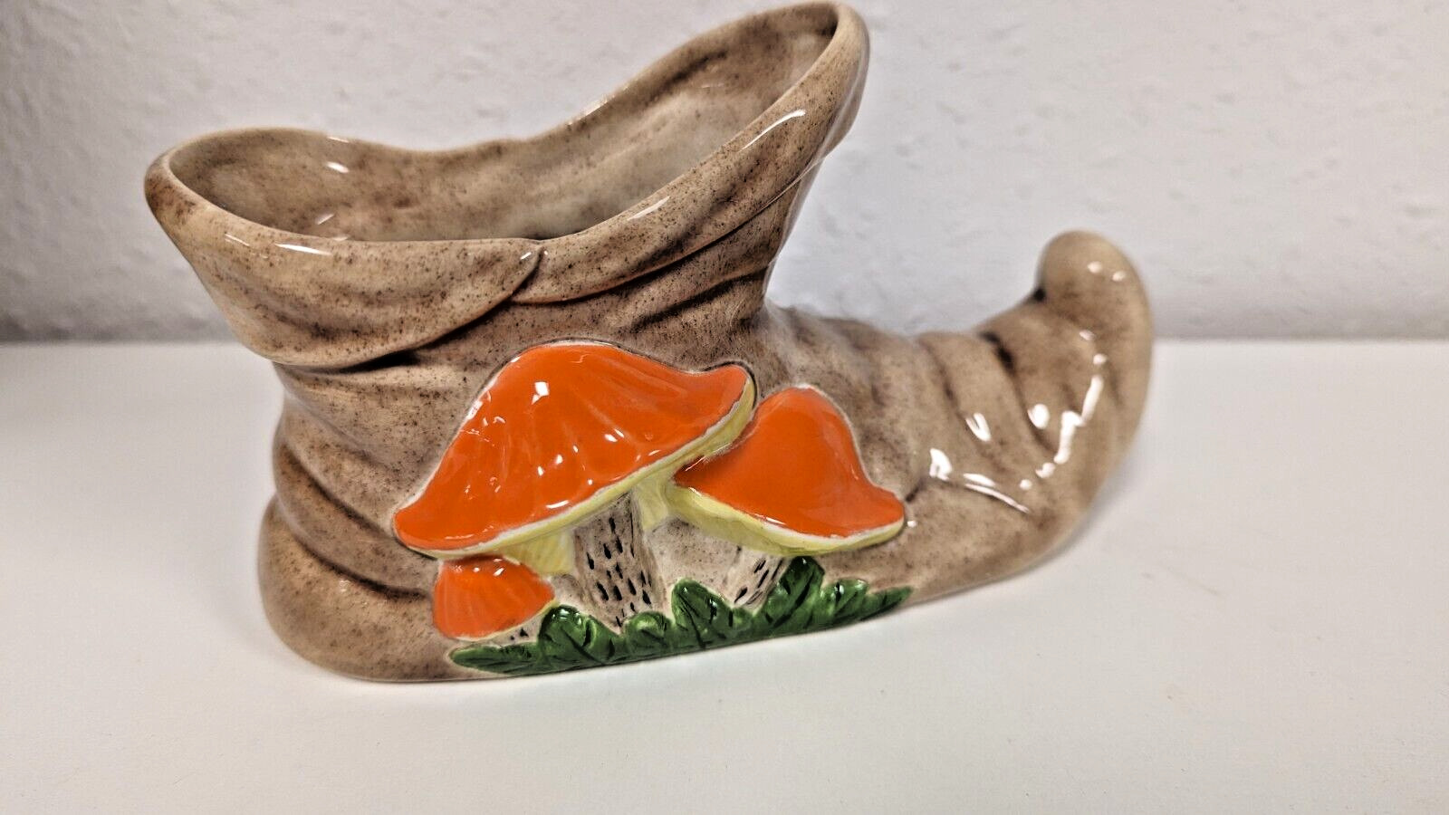 Vintage Elf Ceramic Shoe Planter Mushrooms 70s MCM retro gnome mushroom Fairy