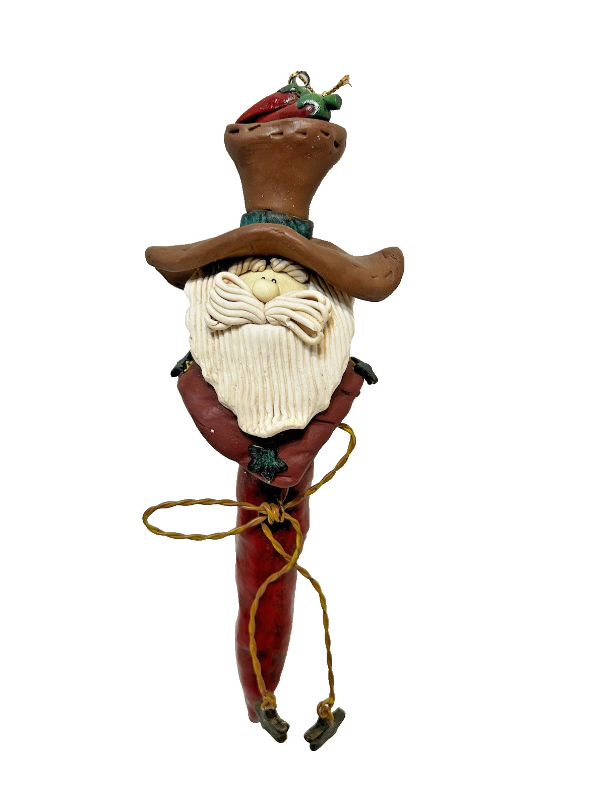 Vintage Christmas Clay Ornament Chili Pepper Cowboy Santa Claus 8.5\