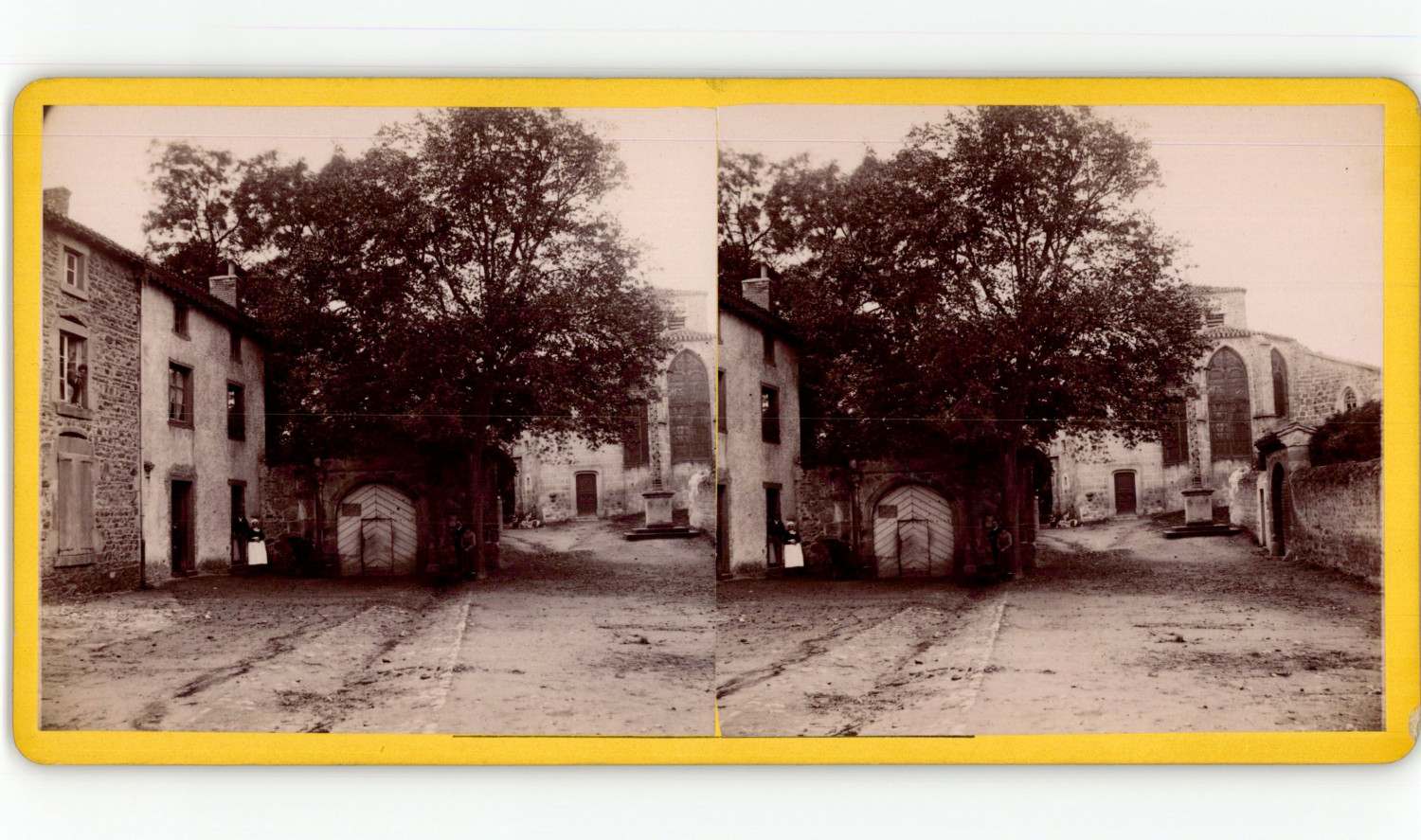 France, Chevrières, square, church and castle entrance, vintage stereo, 1886 Fra France, Chevrières, square, church and castle entrance, vintage stereo, 1886 Fra