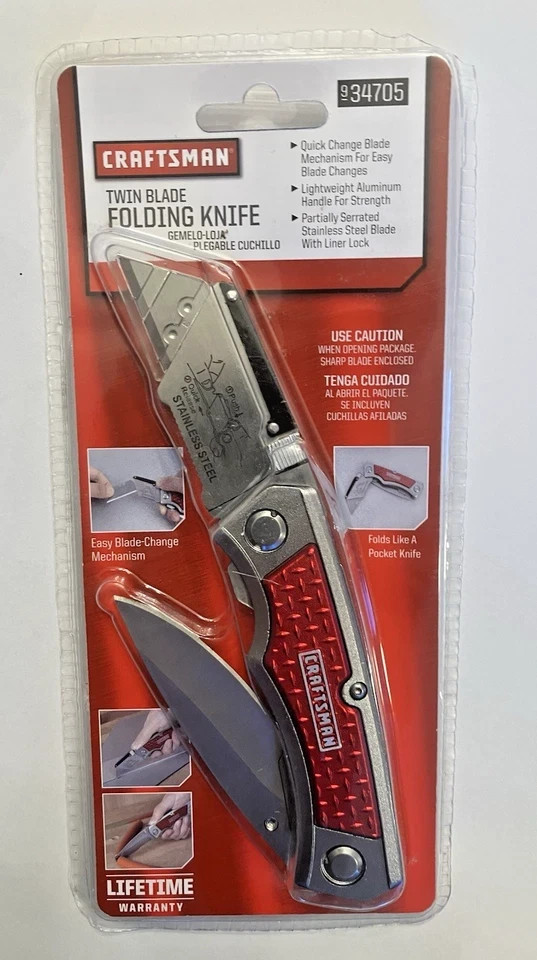 NOS CRAFTSMAN 34705 Twin Blade Lockback Folding Utility Knife Red NOS CRAFTSMAN 34705 Twin Blade Lockback Folding Utility Knife Red