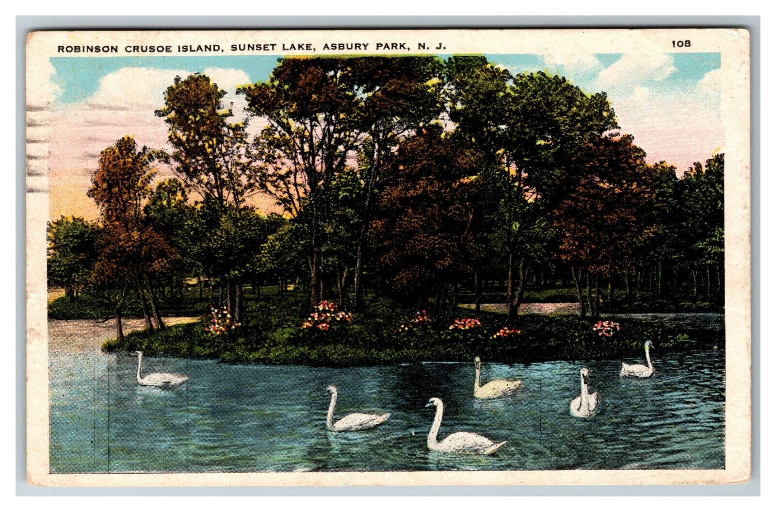 Robinson Crusoe IslSunset Lake Asbury Park NJ Swans c1925 Vintage Postcard