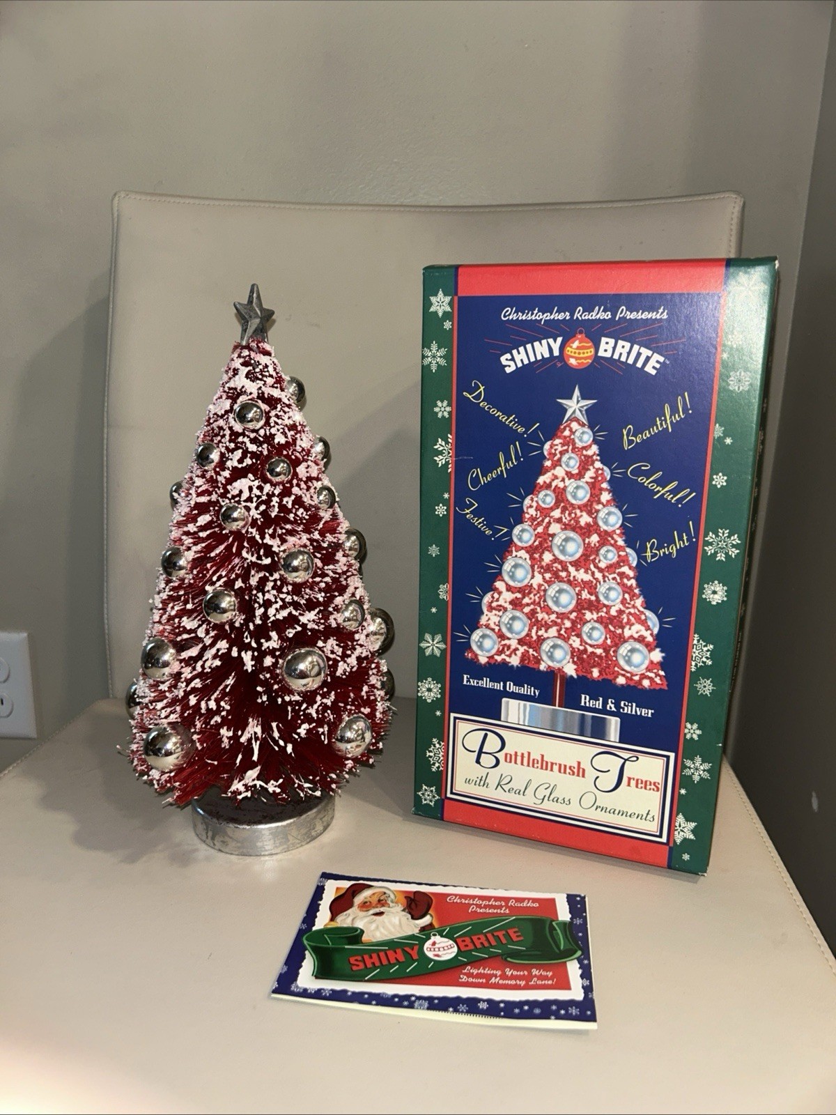 Vintage Christopher Radko Shiny Brite Bottlebrush Christmas Tree red silver 12” Vintage Christopher Radko Shiny Brite Bottlebrush Christmas Tree red silver 12”