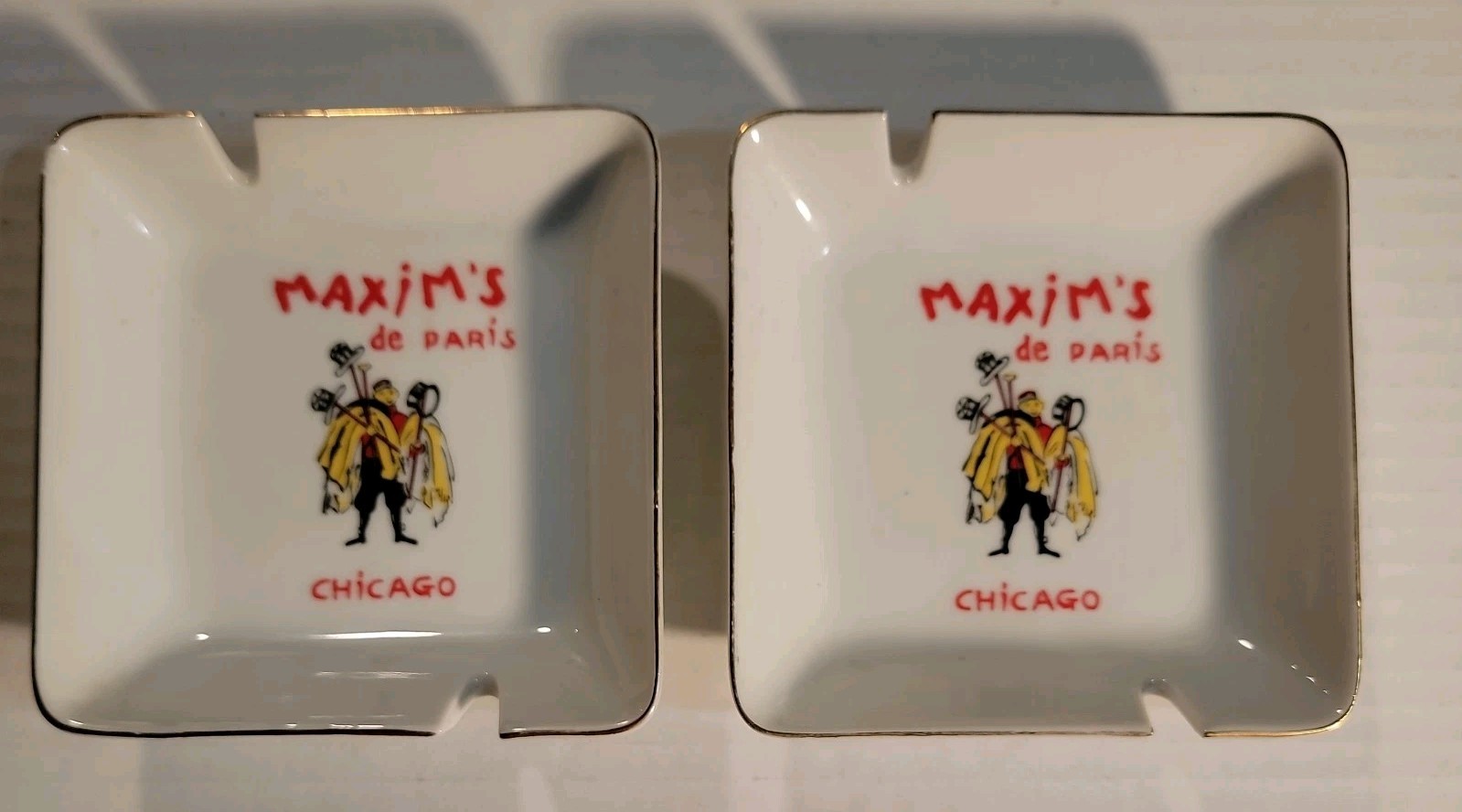 2 MAXIM\'S de PARIS CHICAGO Square Porcelain Ceramic 2 Slot Ashtray MCM