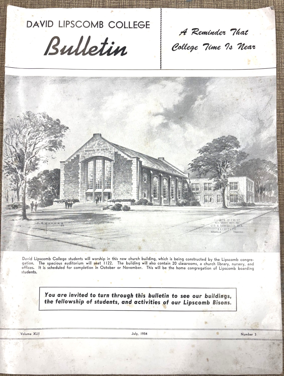VTG. 1954 DAVID LIPSCOMB COLLEGE BULLETIN NEW GRANNY WHITE CHURCH OF CHRIST TN VTG. 1954 DAVID LIPSCOMB COLLEGE BULLETIN NEW GRANNY WHITE CHURCH OF CHRIST TN