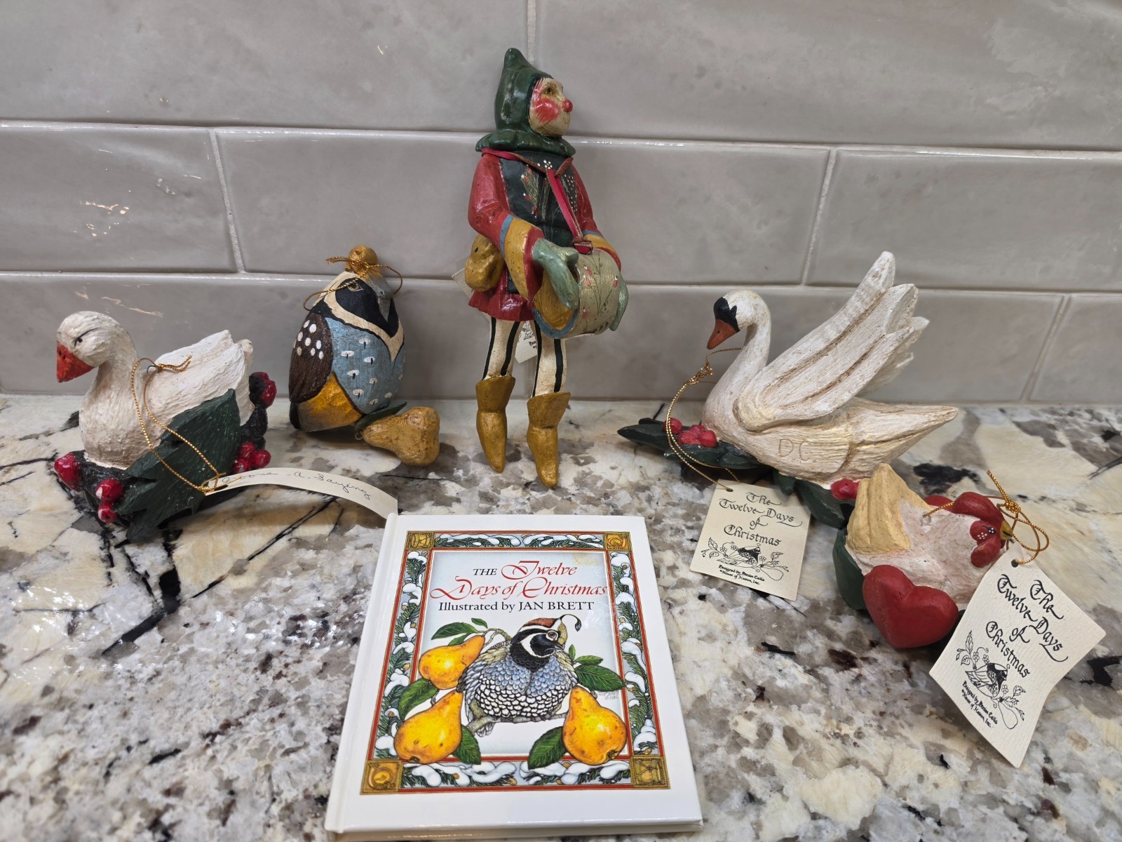 Vintage 1989 House of Hatten 12 Days of Christmas Ornaments Lot & Jan Brett Book