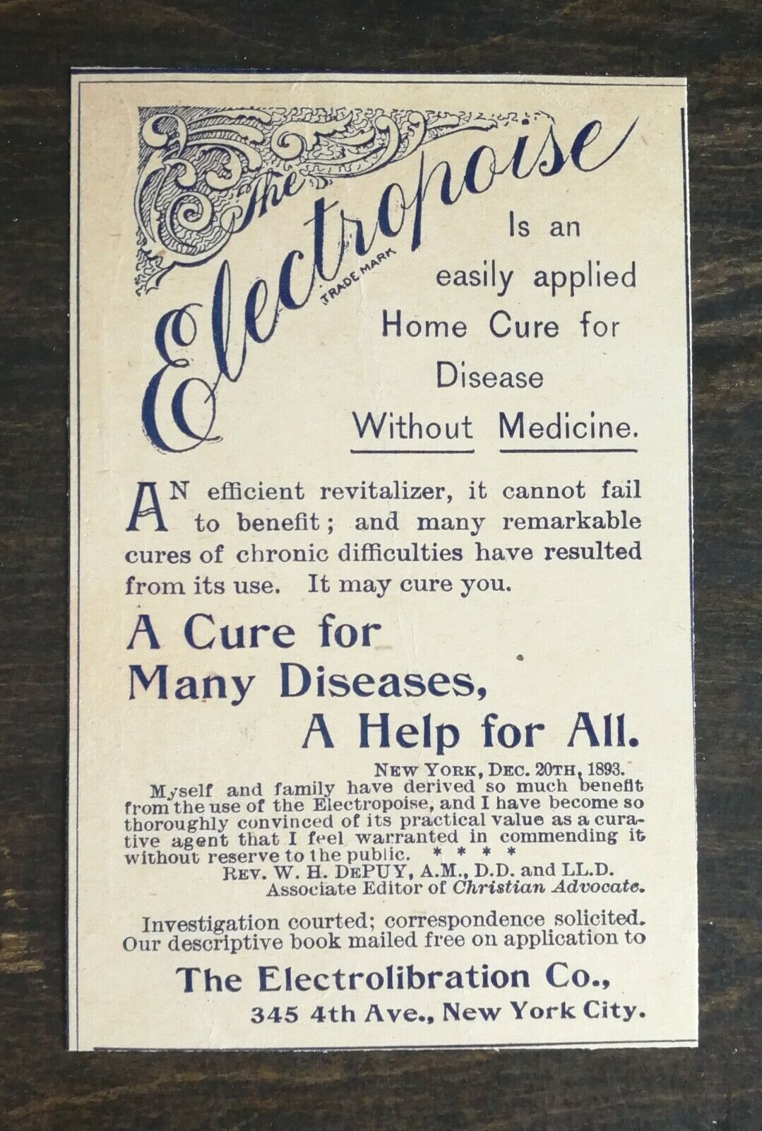 Vintage 1895 The Electropoise Home Cure Electrolibration Co. Original Ad 1021