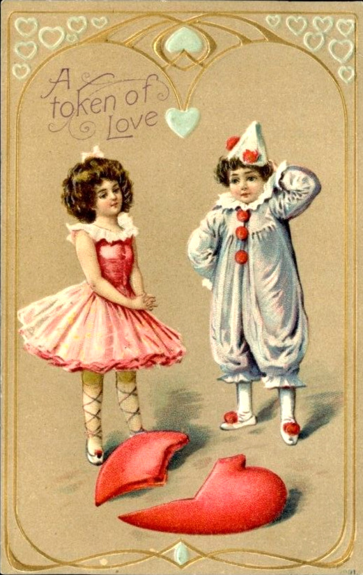 Antique Postcard Valentine Token Love Broken Heart Dancer Harlequin Jester 1909