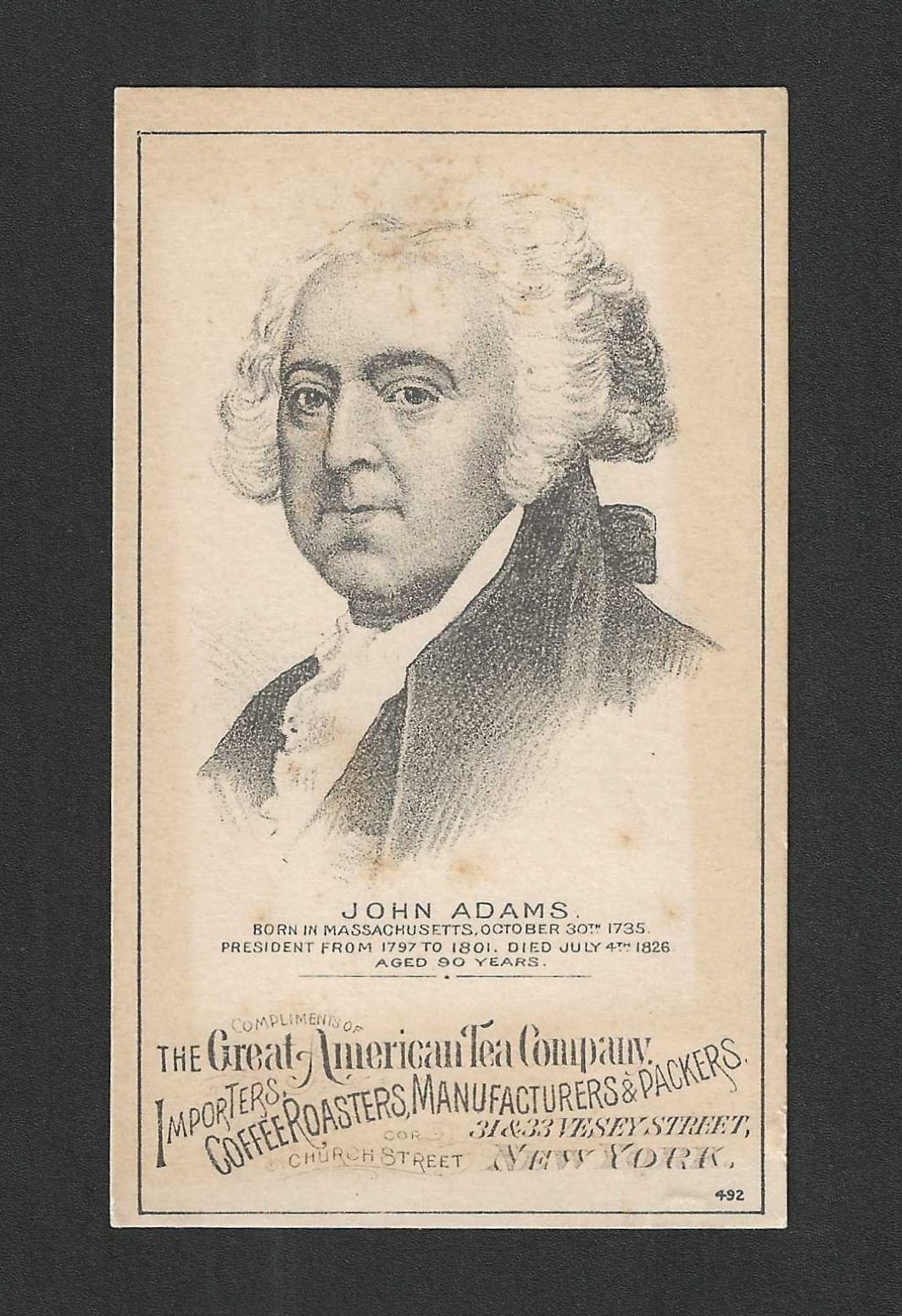 c1880's HD2A Trade Card - Great American Tea Company - President John Adams
