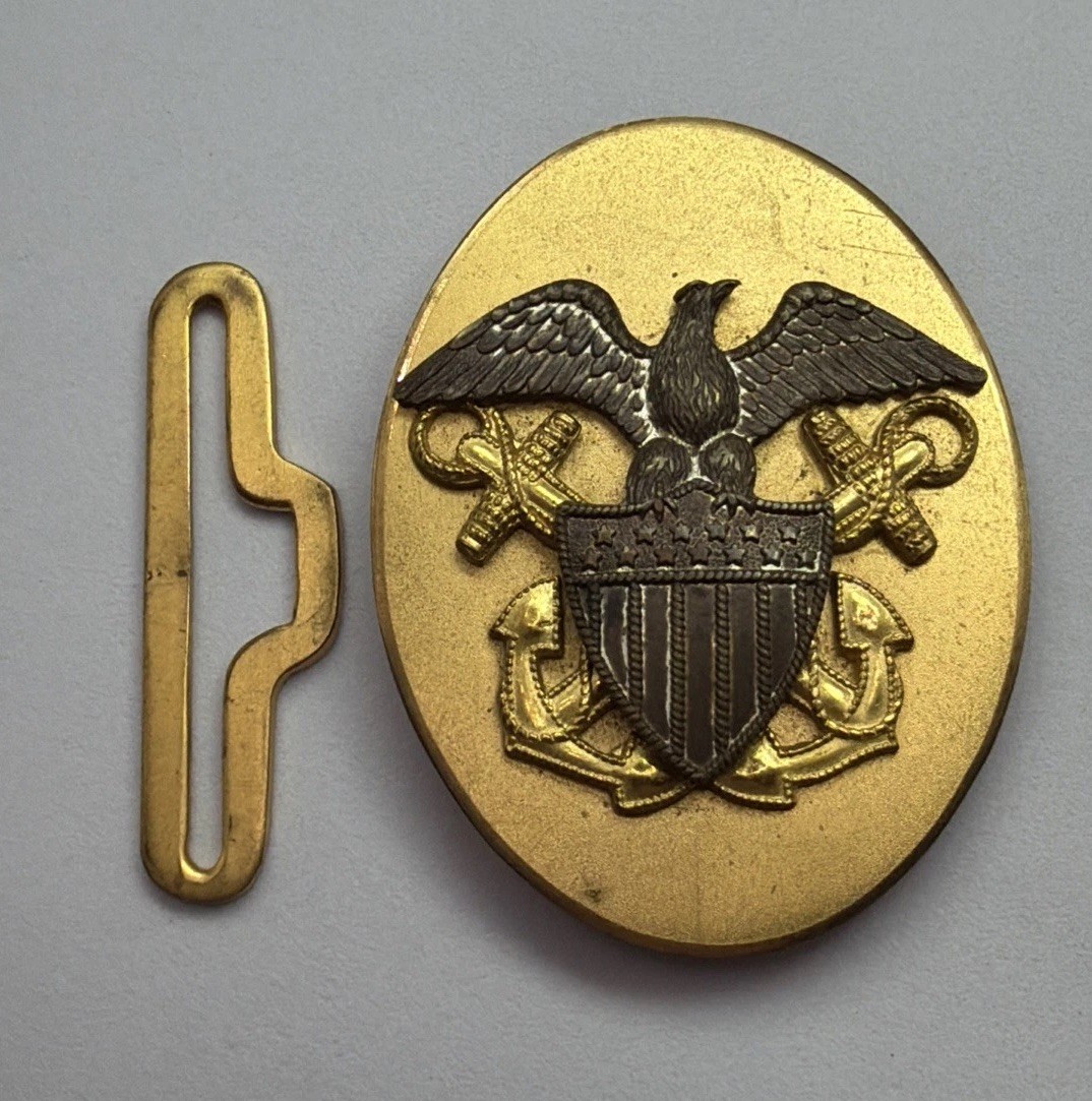 Vintage US Navy Officer Dress Belt Buckle With Keeper Brass Eagle Anchors USN